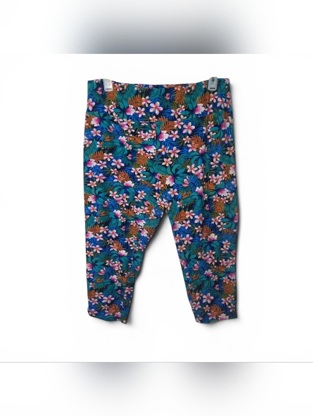 Tropical Floral Capri Leggings - Teal & Pink
